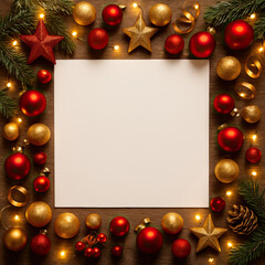Festive holiday decorations with blank space for a greeting or message