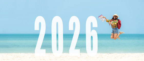 Asian young woman happy  jumping congratulation and celebrate in Happy New year 2026 for change new...