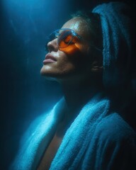Close-up of Woman in Steamy Blue Light, Wearing Trendy Transparent Sunglasses with Orange Lenses, Wet Skin, Detoxification Spa Treatment, Fashionable Wellness and Dual Color Glow