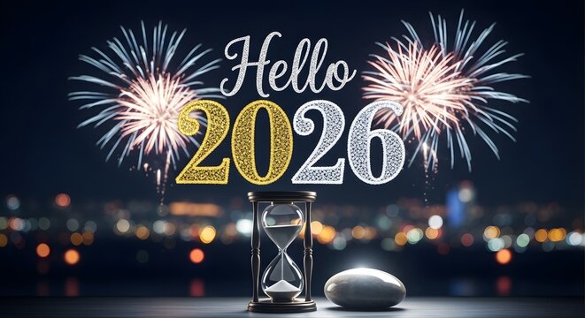 "Hello 2026" graphic with fireworks, an hourglass, and a blurred cityscape background, celebrating the upcoming year. - Powered by Adobe