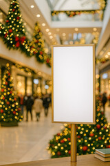 Holiday shopping scene with decorative Christmas trees in a shopping mall