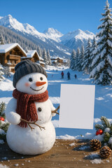 Snowman holds blank sign in a scenic winter landscape with snow-covered mountains