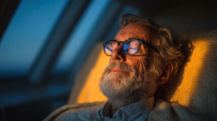 Close-up of Thoughtful Senior Man with Beard and Glasses Relaxing in Warm Golden Sunlight, Blue Reflection in Lens, Concept of Comfort, Retirement, and Digital Well-being