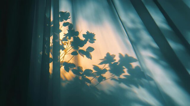 Gentle curtains glow with evening light as plant shadow and leaf silhouette dance across dreamy background, soft texture and calm mood suggest indoor serenity and quiet nature poetry soft light