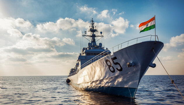 Indian Navy Warship with National Flag at Sea.