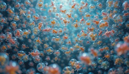 Microscopic world of cellular structures in a dynamic blue environment offering a surreal view