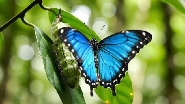 Blue Morpho Butterfly Resting on Green Leaf Near Cocoon