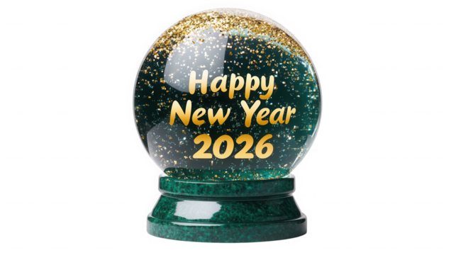 Happy new year snow globe with gold glitter and green base displaying the year of two thousand twenty six on transparent background