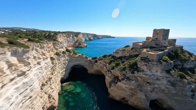 Aerial View of Roca Vecchia Ruined Fortress on the Italian Coast