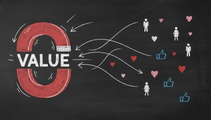 Value concept with arrows, figures, hearts, and likes on a chalkboard background.