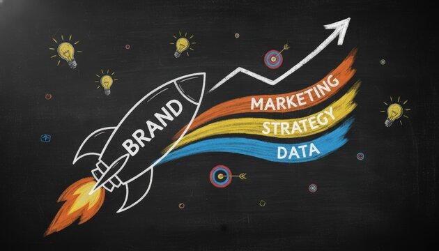 Creative marketing concept illustration with a rocket and dynamic growth elements.