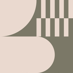 Modern abstract geometric art in camo green and off white in retro Bauhaus style. Minimalist pattern with simple geometric shapes like circles, smi circles, rectangles.