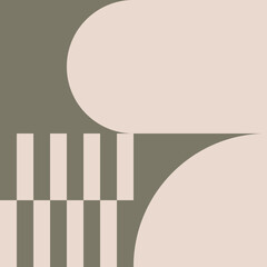 Modern abstract geometric art in camo green and off white in retro Bauhaus style. Minimalist pattern with simple geometric shapes like circles, smi circles, rectangles.