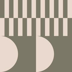 Modern abstract geometric art in camo green and off white in retro Bauhaus style. Minimalist pattern with simple geometric shapes like circles, smi circles, rectangles.