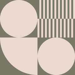 Modern abstract geometric art in camo green and off white in retro Bauhaus style. Minimalist pattern with simple geometric shapes like circles, smi circles, rectangles.