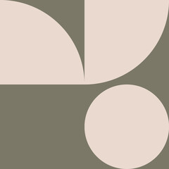 Modern abstract geometric art in camo green and off white in retro Bauhaus style. Minimalist pattern with simple geometric shapes like circles, smi circles, rectangles.