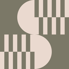Modern abstract geometric art in camo green and off white in retro Bauhaus style. Minimalist pattern with simple geometric shapes like circles, smi circles, rectangles.
