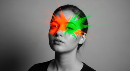 Black and white portrait of a woman with colorful paint splatters over her eyes.