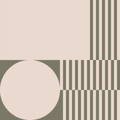 Modern abstract geometric art in camo green and off white in retro Bauhaus style. Minimalist pattern with simple geometric shapes like circles, smi circles, rectangles.