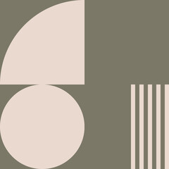 Modern abstract geometric art in camo green and off white in retro Bauhaus style. Minimalist pattern with simple geometric shapes like circles, smi circles, rectangles.
