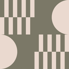 Modern abstract geometric art in camo green and off white in retro Bauhaus style. Minimalist pattern with simple geometric shapes like circles, smi circles, rectangles.