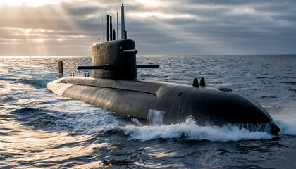 Fototapeta premium Modern Submarine Sailing on the Ocean Surface.