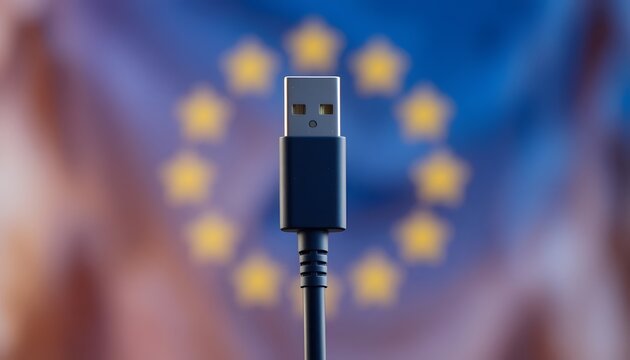 A USB cable stands prominently against a blurred European Union flag, symbolizing the EU's digital regulations, tech standardization efforts, and unified market approach