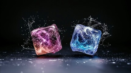 Two abstract, crystalline cubes, one glowing purple and orange, the other blue and white, are suspended in a dark, reflective environment. Both cubes are surrou
