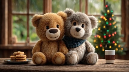 Obraz premium Creative and joyful holiday room setup with soft toys, sparkling tree, festive table d?(C)cor and colorful lights.