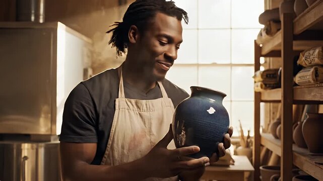 A young man wearing an apron is smiling while holding a blue ceramic bowl in a cozy kitchen with warm lighting and shelves filled with kitchenware