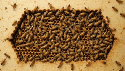 Close-up of a thriving beehive with numerous bees clustered on honeycomb cells forming a hive