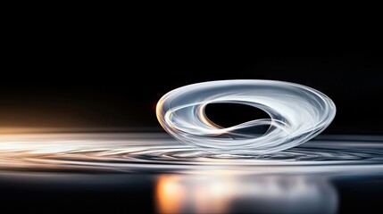 A translucent, white, abstract torus shape with swirling internal lines, resting on a dark, rippling surface. Dramatic side lighting casts reflections and creat