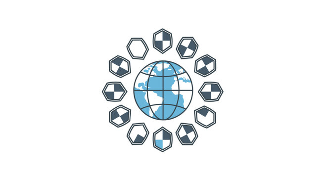 Global security concept with a blue and grey globe surrounded by twelve shield-like hexagonal icons on a white background.