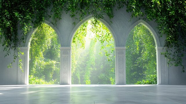 An architectural structure with three arches, adorned with hanging green vines, opens to a vibrant, sun-drenched forest. The floor is smooth and reflective, cat