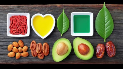 A top-down view of various healthy food items, including goji berries, oil in a heart-shaped bowl, almonds, pecans, avocados, dates, and green leaves, arranged