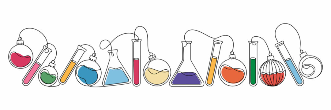 Lab glassware and Christmas balls in minimalist line art with colorful accents