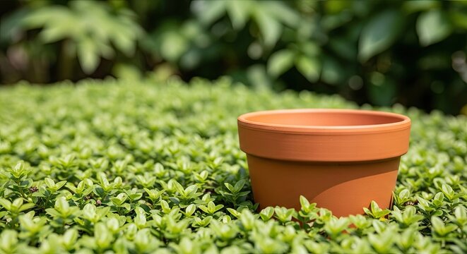 A simple, empty terracotta pot is nestled in a dense groundcover of bright green leaves, with a beautifully blurred garden background providing a serene atmosphere