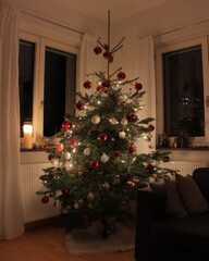 Cozy Christmas Tree in Corner with Warm Lighting Dark Night Windows Home Interior | Authentic Holiday Atmosphere with Red Ornaments and Glowing Candle