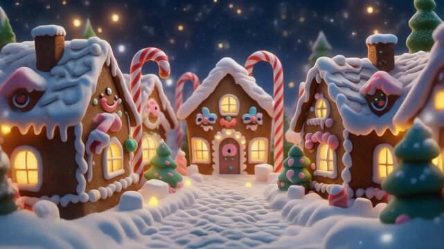 A tiny gingerbread village with kawaii houses and smiling gingerbread people, pastel frosting colors, candy canes, marshmallow snow, warm glowing lights, slow camera glide, cozy and adorable mood.