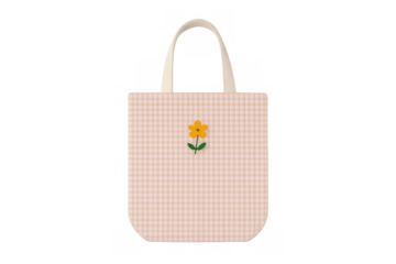 Tote bag featuring a checkered pattern and vibrant yellow flower illustration, promoting eco-friendly shopping