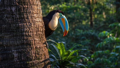 Obraz premium Vibrant toucan peeks from behind a textured tree trunk in a lush, tropical forest. The colorful bird, a symbol of exotic wildlife, adds a touch of wonder surprise.