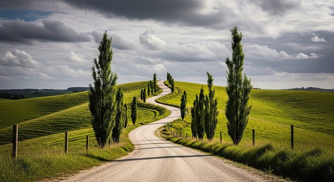 A picturesque winding gravel road lined with tall poplar trees meanders through rolling green hills under a dramatic cloudy sky, creating a scenic rural landscape