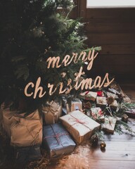 "Merry Christmas" Wooden Sign on Decorated Pine Tree Base with Rustic Gift Boxes and Presents on Dark Wooden Floor | Cozy Vintage Holiday Aesthetic
