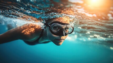 Naklejka premium Woman Wearing Goggles Swimming Underwater in Blue Ocean with Sunlight Glinting on Water Surface