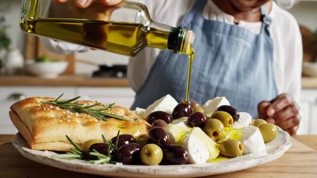 Pouring Olive Oil Over Feta Cheese, Olives, and Focaccia Bread