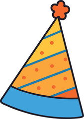 A festive cartoon party hat with orange stripes and polka dots topped with a star perfect for celebrations and birthdays