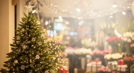 Beautifully decorated Christmas tree with glowing lights and star topper in a festive flower and gift shop during the holiday season