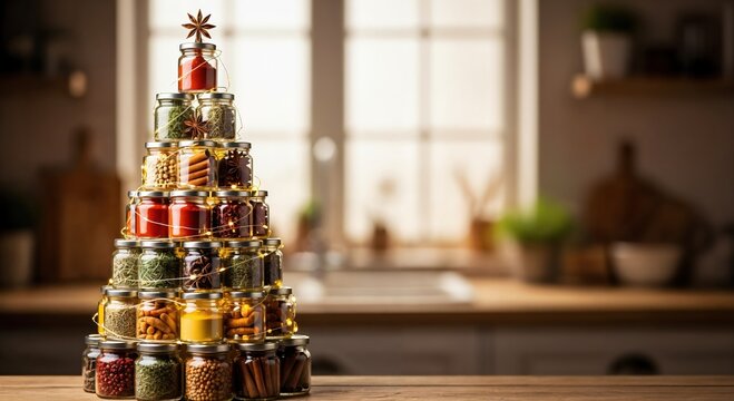 Creative Christmas tree made from various spice jars with festive lights on a rustic kitchen counter, celebrating holiday cooking and culinary joy
