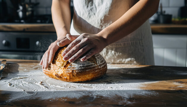 Freshly baked bread rests on a flourdusted wooden counter, hands gently holding it. Warm tones convey comfort and culinary skill. Ideal for food blogs, recipes, and home lifestyle. - Powered by Adobe