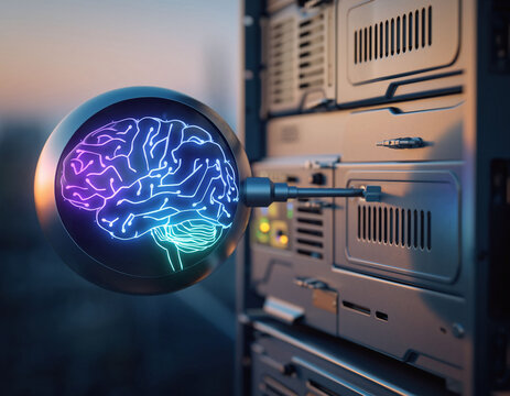 Abstract tech vision A glowing brain icon connects to server hardware. Illustrates AI, machine learning, data processing, or network intelligence concepts. Striking visual